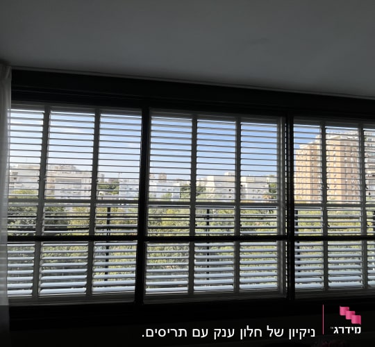 ניקיון של חלון ענק עם תריסים.